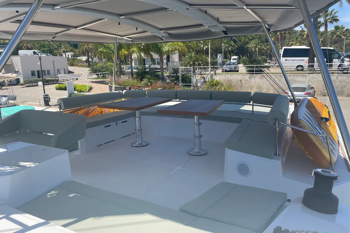 Deck of Maia, a Bali 5.4 catamaran at Salerno, Italy