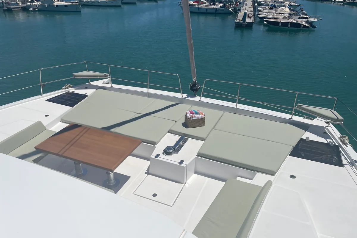 Deck of Maia, a Bali 5.4 catamaran at Salerno, Italy