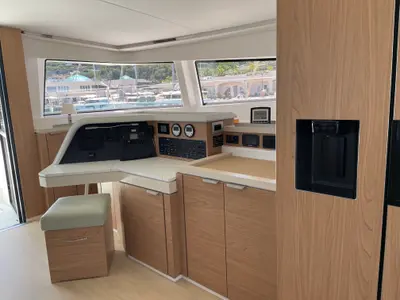 Cockpit of Maia, a Bali 5.4 catamaran at Salerno, Italy