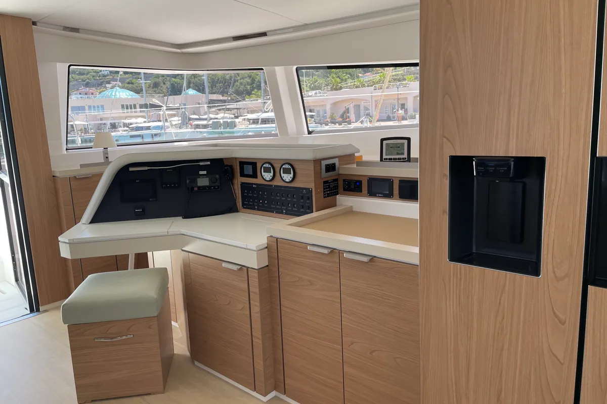 Cockpit of Maia, a Bali 5.4 catamaran at Salerno, Italy
