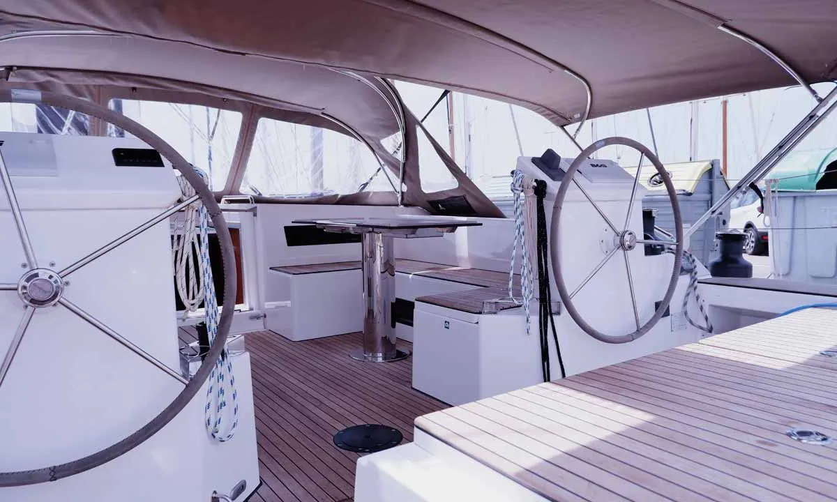 Cockpit of Juana, a Bavaria C50 Style sailboat at Palma de Mallorca, Spain