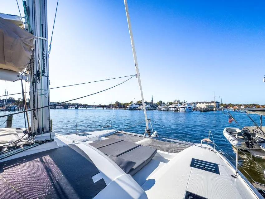Deck of La Bella Vita, a Fountaine Pajot Tanna 47 Maestro catamaran at Road Town, British Virgin Islands