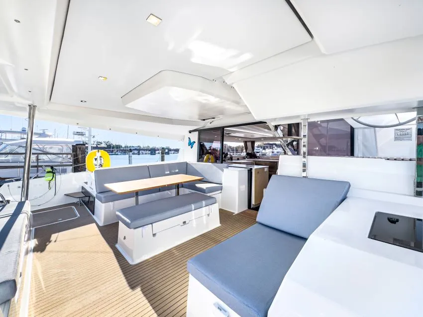 Deck of La Bella Vita, a Fountaine Pajot Tanna 47 Maestro catamaran at Road Town, British Virgin Islands