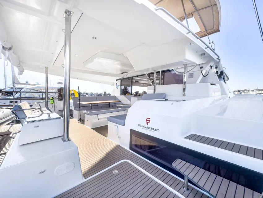 Deck of La Bella Vita, a Fountaine Pajot Tanna 47 Maestro catamaran at Road Town, British Virgin Islands