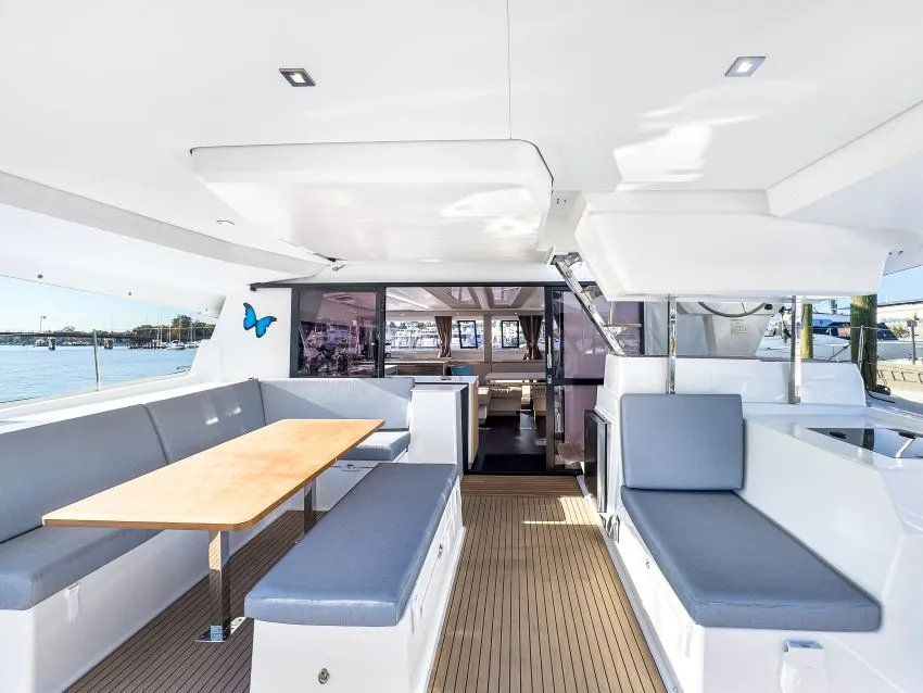Deck of La Bella Vita, a Fountaine Pajot Tanna 47 Maestro catamaran at Road Town, British Virgin Islands
