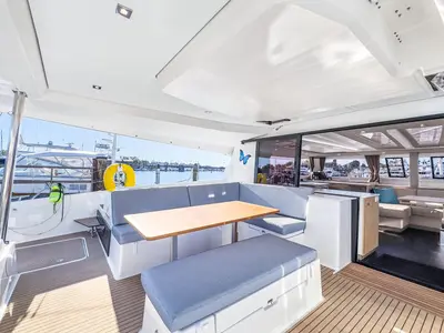 Deck of La Bella Vita, a Fountaine Pajot Tanna 47 Maestro catamaran at Road Town, British Virgin Islands