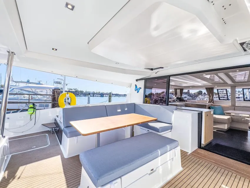 Deck of La Bella Vita, a Fountaine Pajot Tanna 47 Maestro catamaran at Road Town, British Virgin Islands