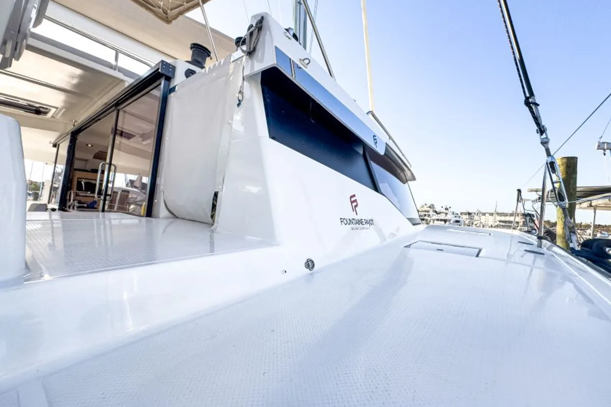 Exterior view of La Bella Vita, a Fountaine Pajot Tanna 47 Maestro catamaran at Road Town, British Virgin Islands