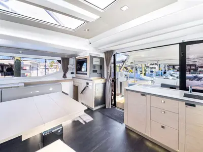 Salon of La Bella Vita, a Fountaine Pajot Tanna 47 Maestro catamaran at Road Town, British Virgin Islands