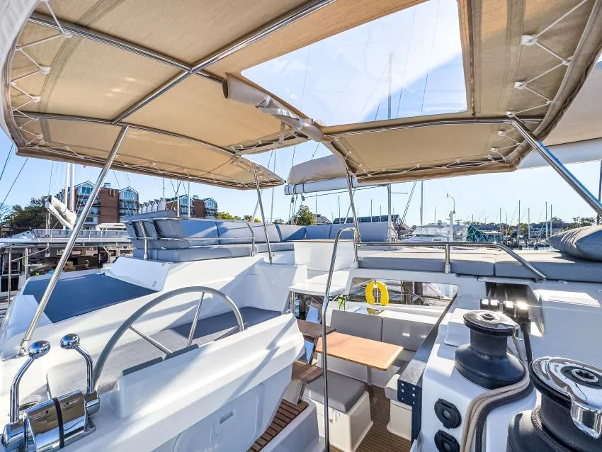 Cockpit of La Bella Vita, a Fountaine Pajot Tanna 47 Maestro catamaran at Road Town, British Virgin Islands