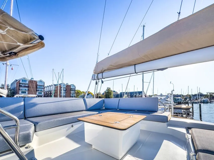 Deck of La Bella Vita, a Fountaine Pajot Tanna 47 Maestro catamaran at Road Town, British Virgin Islands
