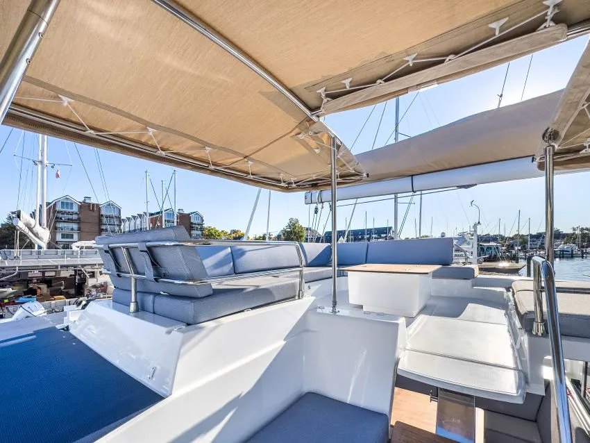 Deck of La Bella Vita, a Fountaine Pajot Tanna 47 Maestro catamaran at Road Town, British Virgin Islands