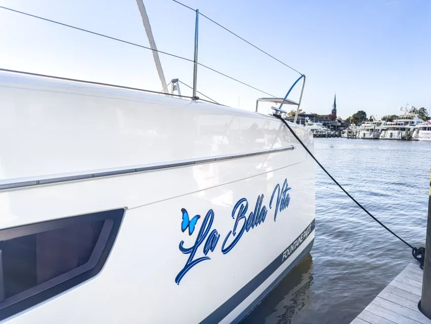Exterior view of La Bella Vita, a Fountaine Pajot Tanna 47 Maestro catamaran at Road Town, British Virgin Islands