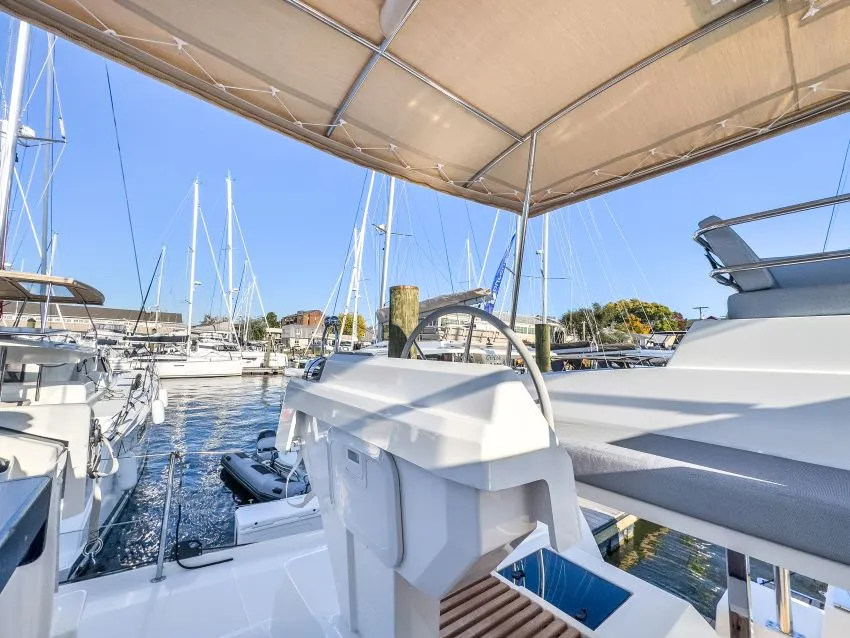 Cockpit of La Bella Vita, a Fountaine Pajot Tanna 47 Maestro catamaran at Road Town, British Virgin Islands