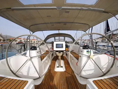 Cockpit of Annabella, a Bavaria 43 Cruiser sailboat at Jezera, Croatia