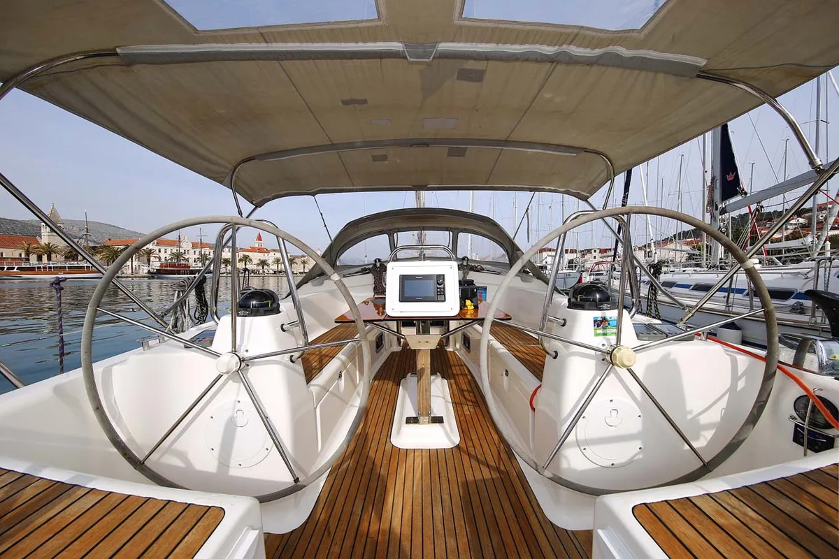 Cockpit of Annabella, a Bavaria 43 Cruiser sailboat at Jezera, Croatia
