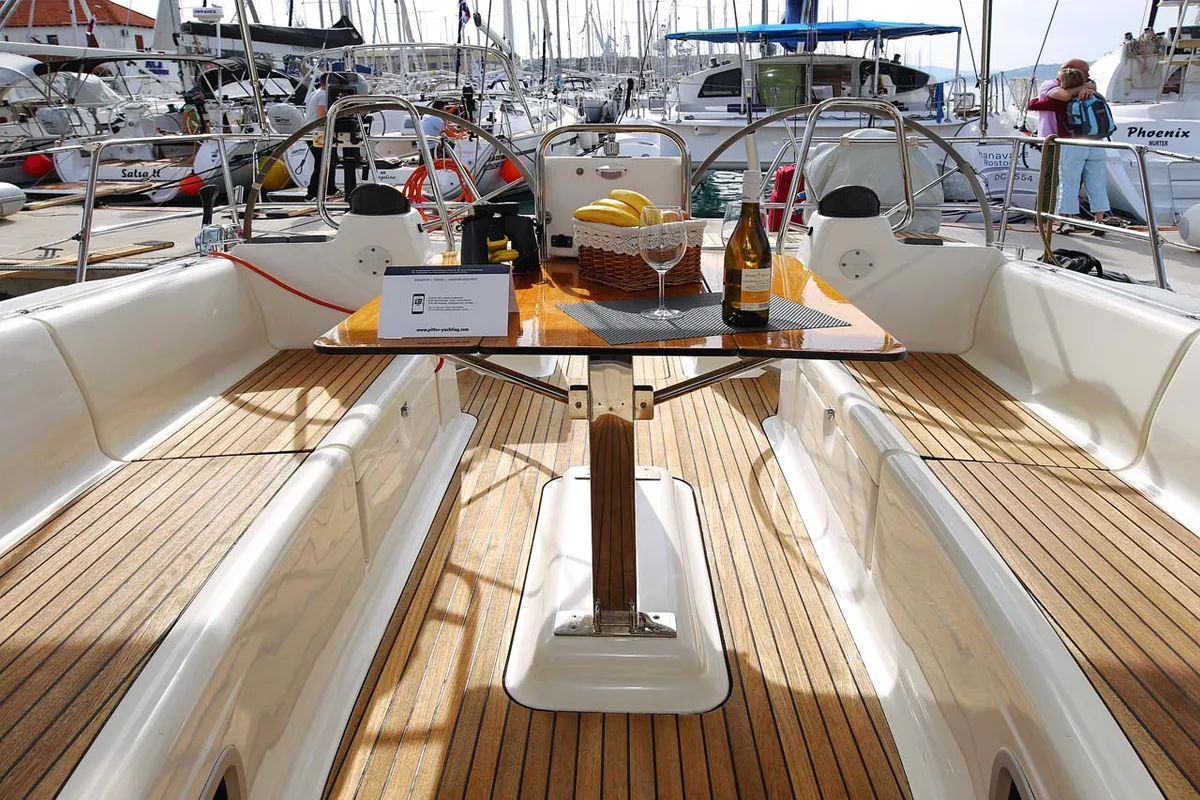 Cockpit of Annabella, a Bavaria 43 Cruiser sailboat at Jezera, Croatia