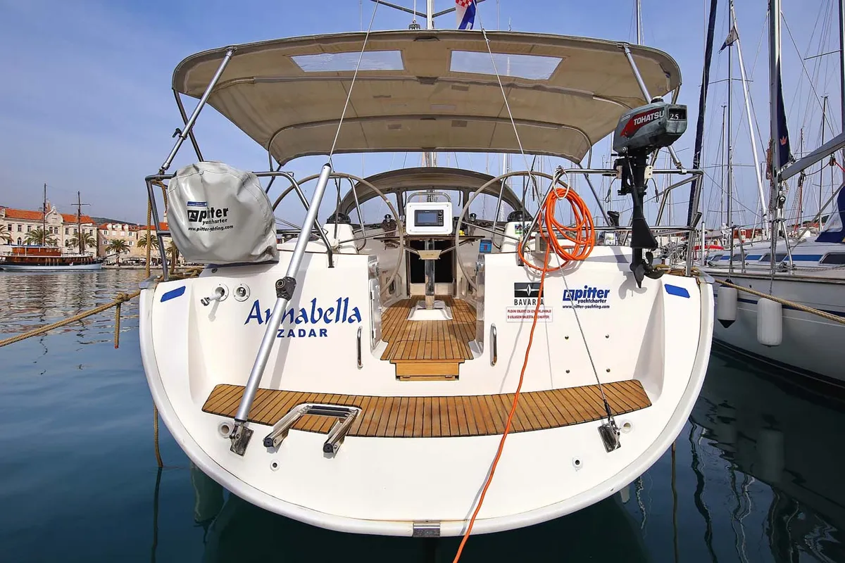 Exterior view of Annabella, a Bavaria 43 Cruiser sailboat at Jezera, Croatia