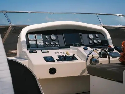 Cockpit of Magic Six, a Astondoa 82 GLX motor yacht at Naples, Italy