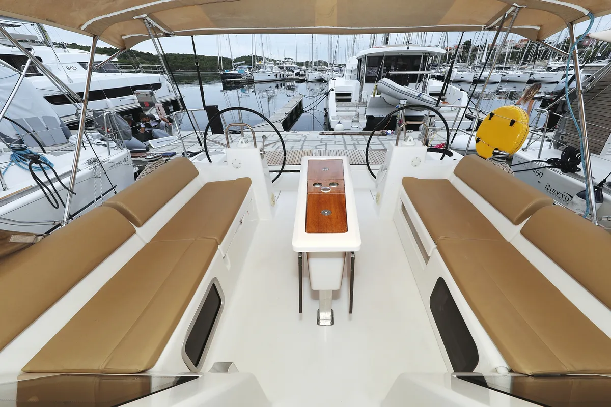 Cockpit of Chuck, a Dufour 460 GL sailboat at Grad Vodice, Croatia