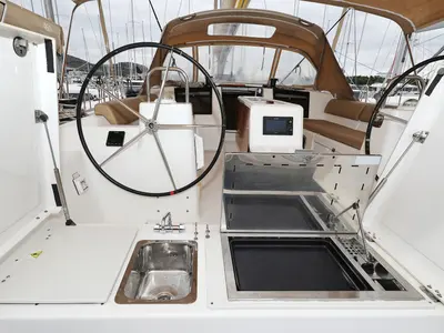 Deck of Chuck, a Dufour 460 GL sailboat at Grad Vodice, Croatia