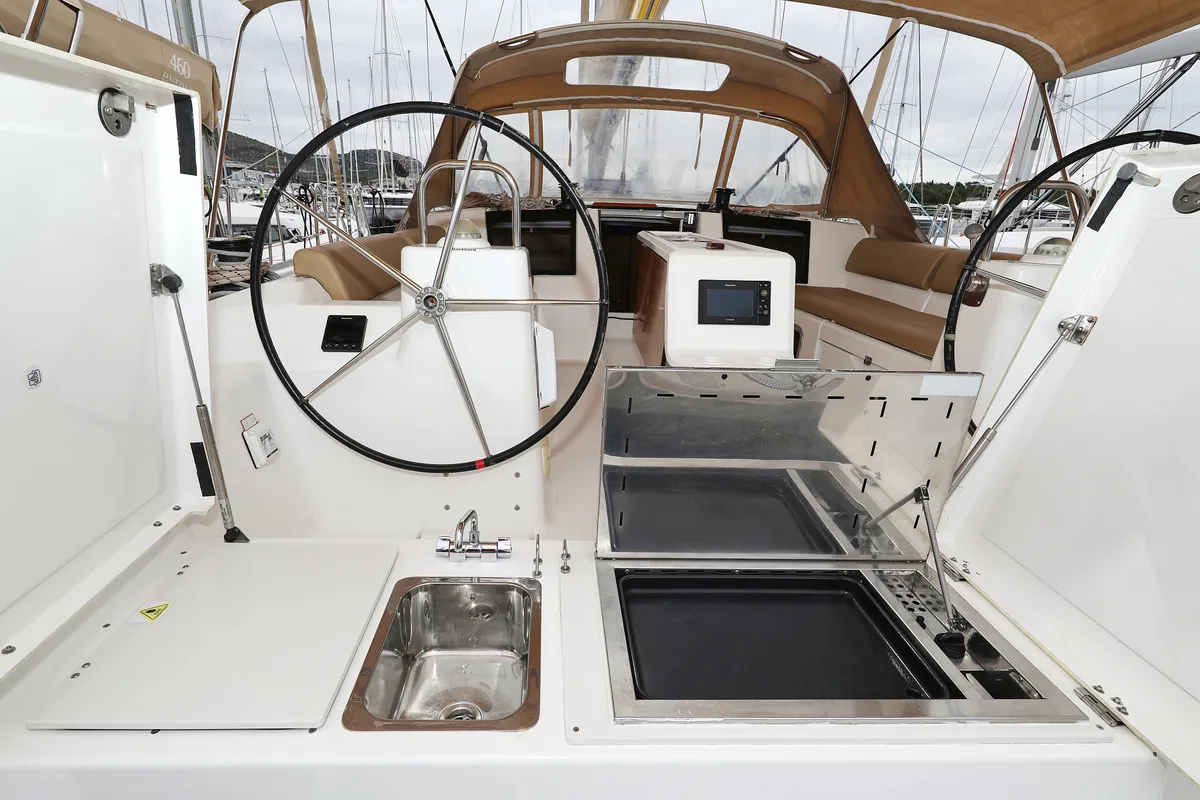 Deck of Chuck, a Dufour 460 GL sailboat at Grad Vodice, Croatia