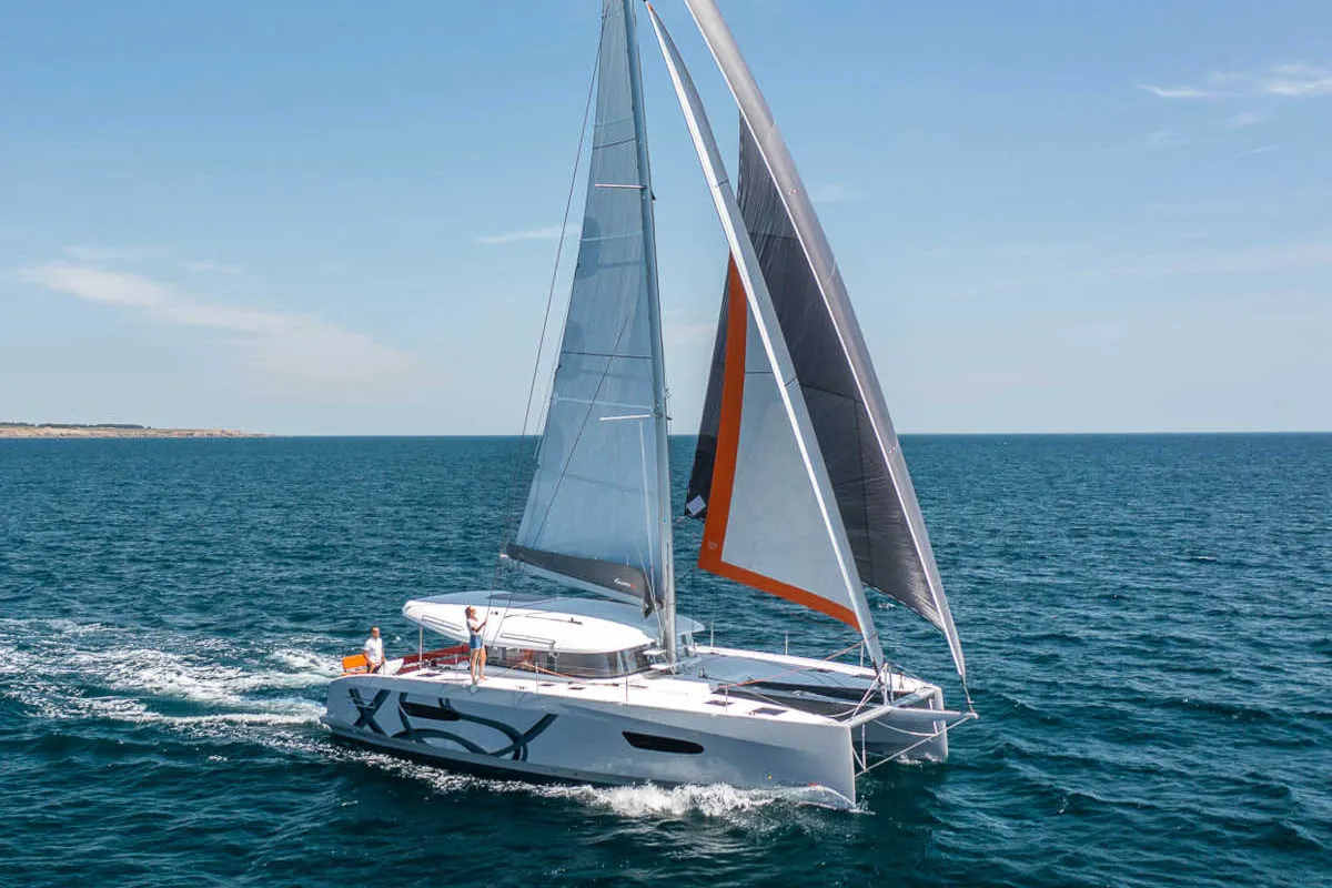 Exterior view of Coin de Mire, a Excess 14 catamaran at Porto-Vecchio, France