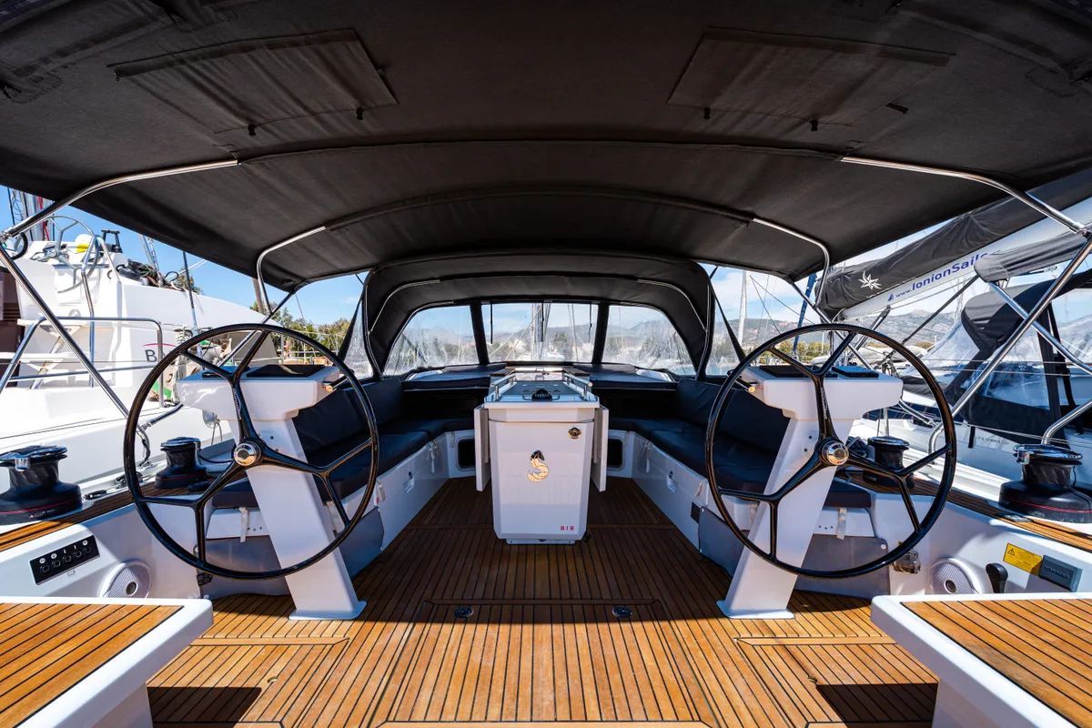 Cockpit of Atman, a Beneteau Oceanis 51.1 sailboat at Municipal Unit of Lefkada, Greece