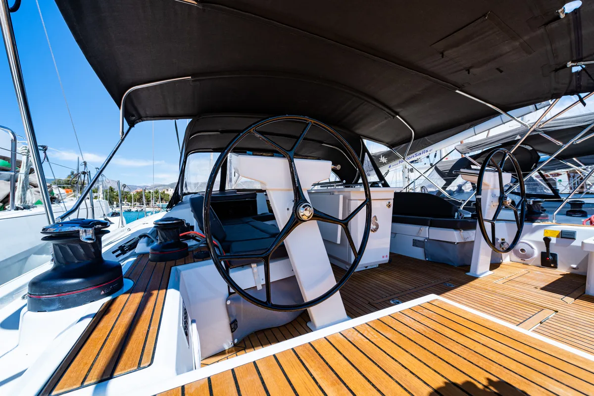 Cockpit of Atman, a Beneteau Oceanis 51.1 sailboat at Municipal Unit of Lefkada, Greece