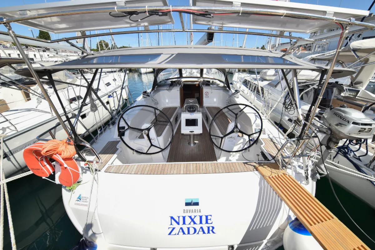 Exterior view of Nixie, a Bavaria Cruiser 41 sailboat at Zadar, Croatia
