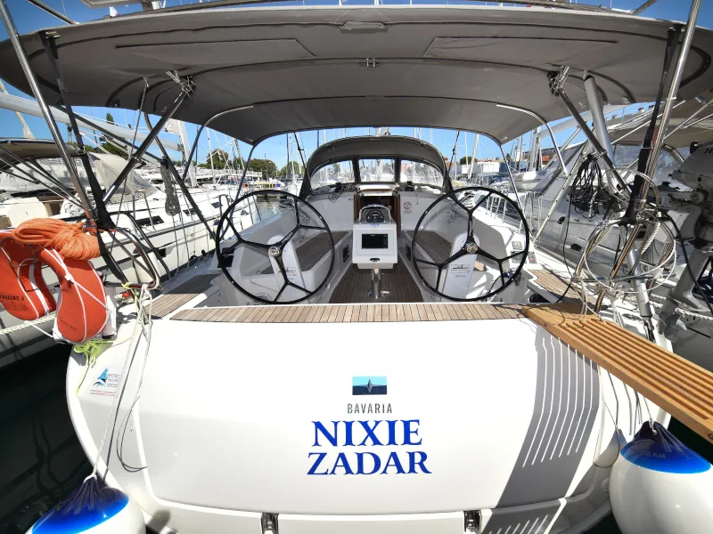 Exterior view of Nixie, a Bavaria Cruiser 41 sailboat at Zadar, Croatia