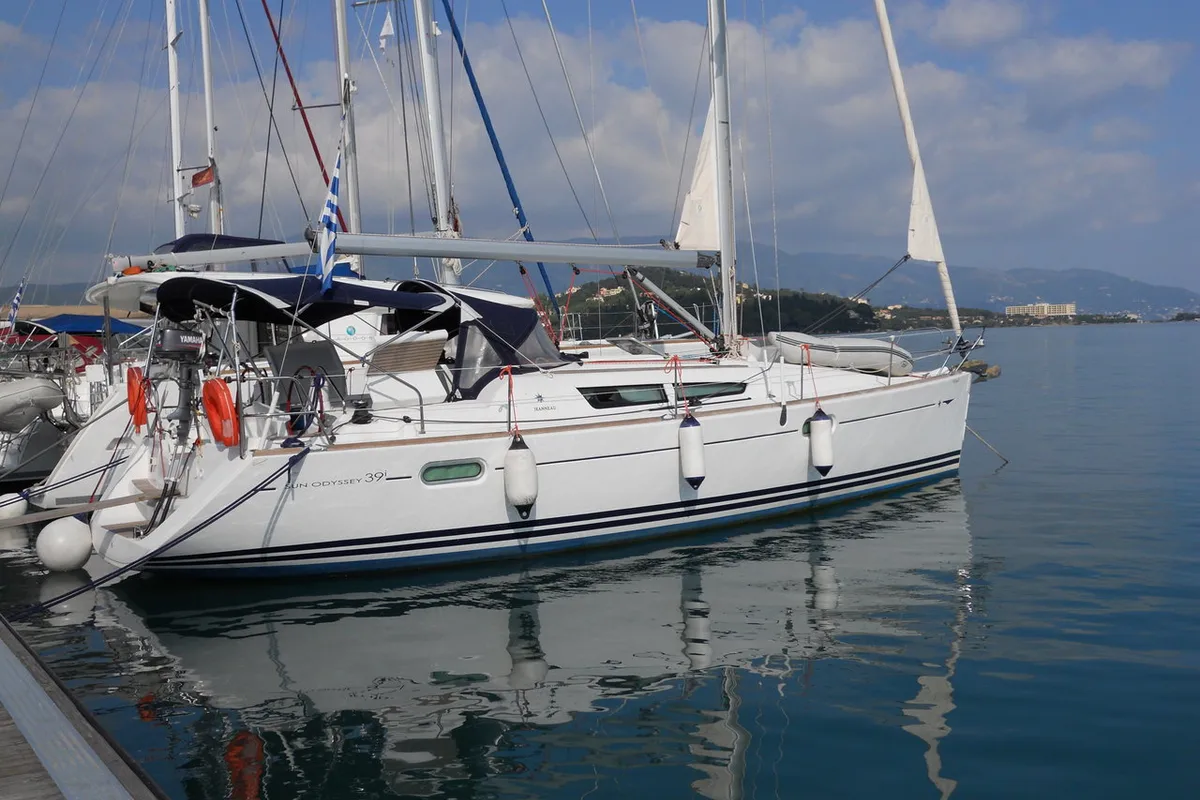 Exterior view of Nomad, a Jeanneau Sun Odyssey 39i sailboat at Preveza, Greece