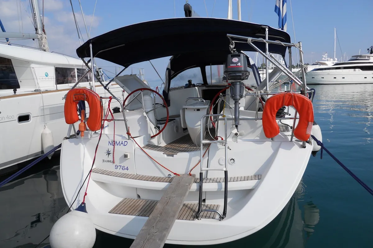 Deck of Nomad, a Jeanneau Sun Odyssey 39i sailboat at Preveza, Greece