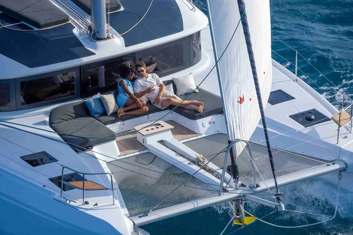 Exterior view of New Lag 51, a Lagoon 51 catamaran at Olbia, Italy
