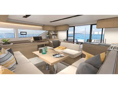 Deck of New Lag 51, a Lagoon 51 catamaran at Olbia, Italy