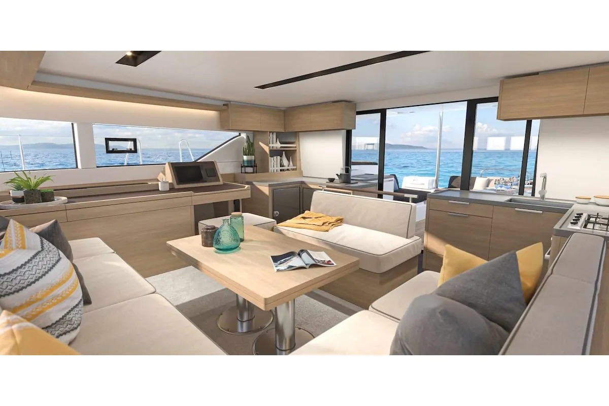 Deck of New Lag 51, a Lagoon 51 catamaran at Olbia, Italy