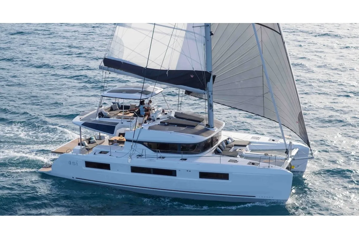Deck of New Lag 51, a Lagoon 51 catamaran at Olbia, Italy