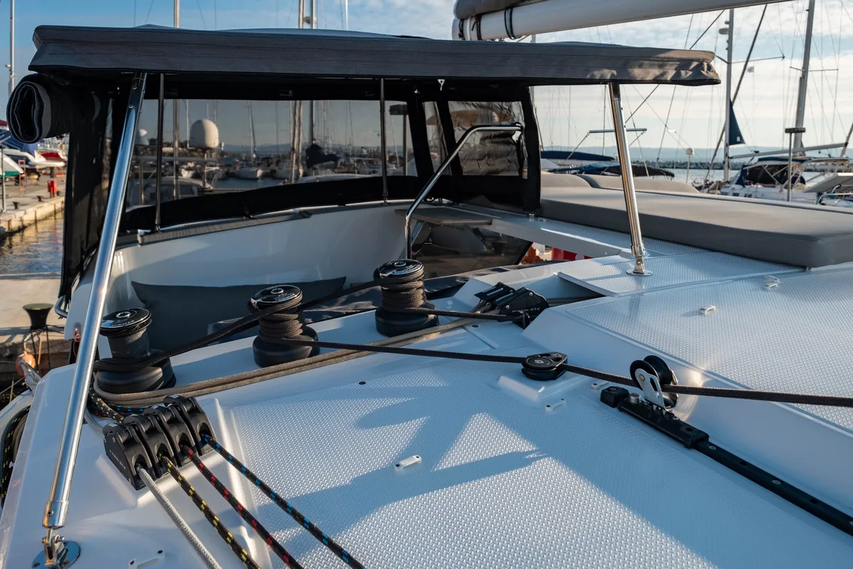 Deck of Zagara, a Fountaine Pajot Isla 40 catamaran at Municipal Unit of Lefkada, Greece