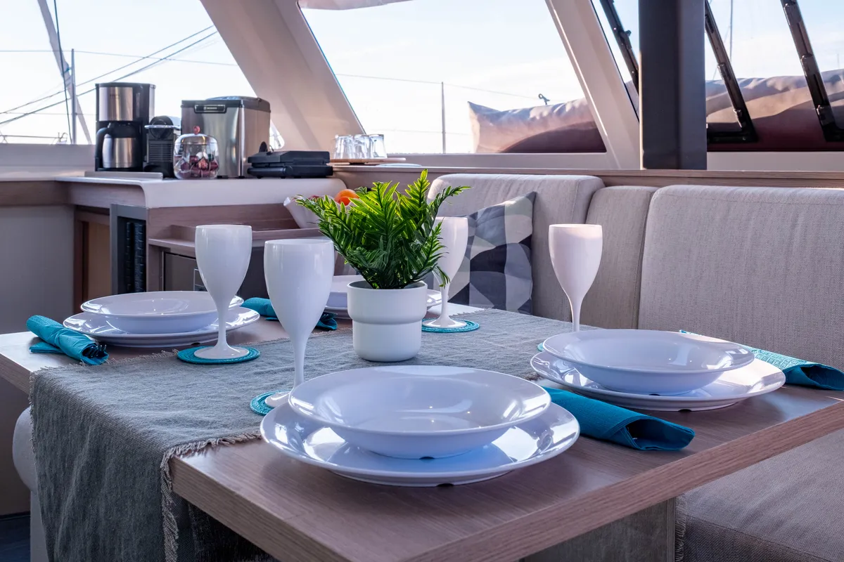 Salon of Zagara, a Fountaine Pajot Isla 40 catamaran at Municipal Unit of Lefkada, Greece