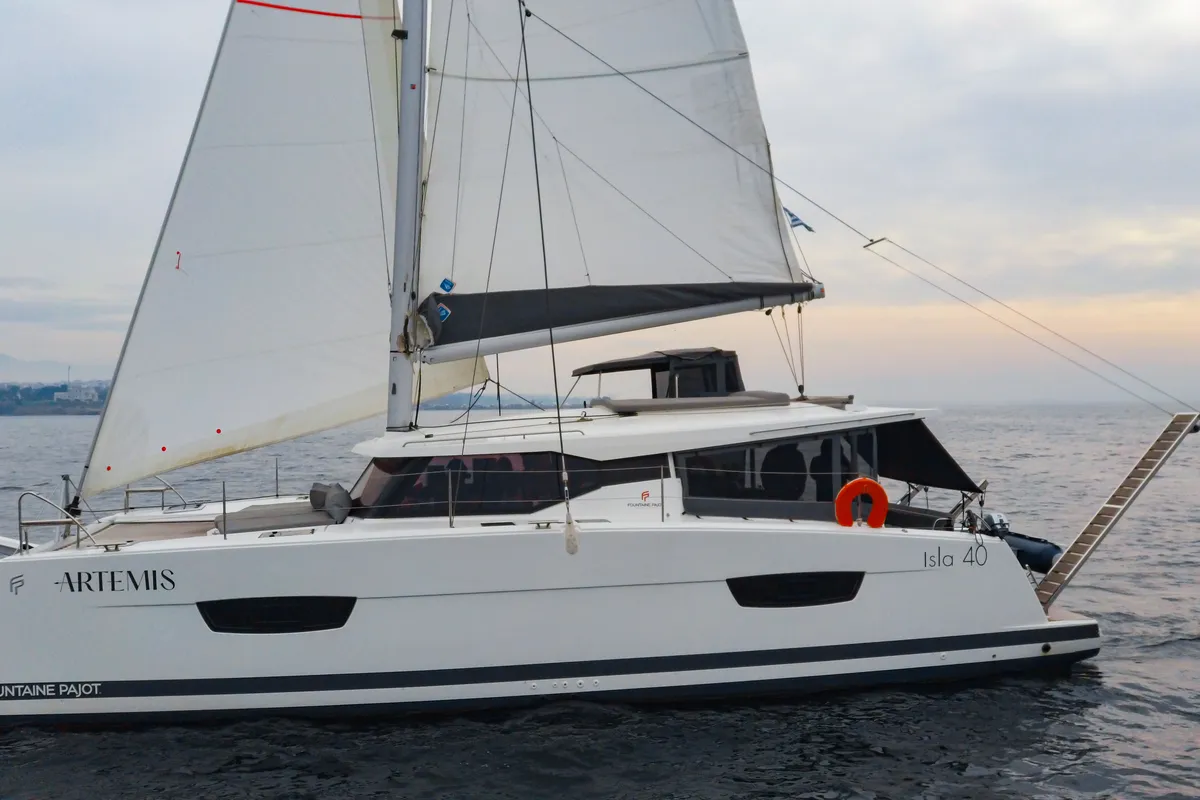 Exterior view of Zagara, a Fountaine Pajot Isla 40 catamaran at Municipal Unit of Lefkada, Greece
