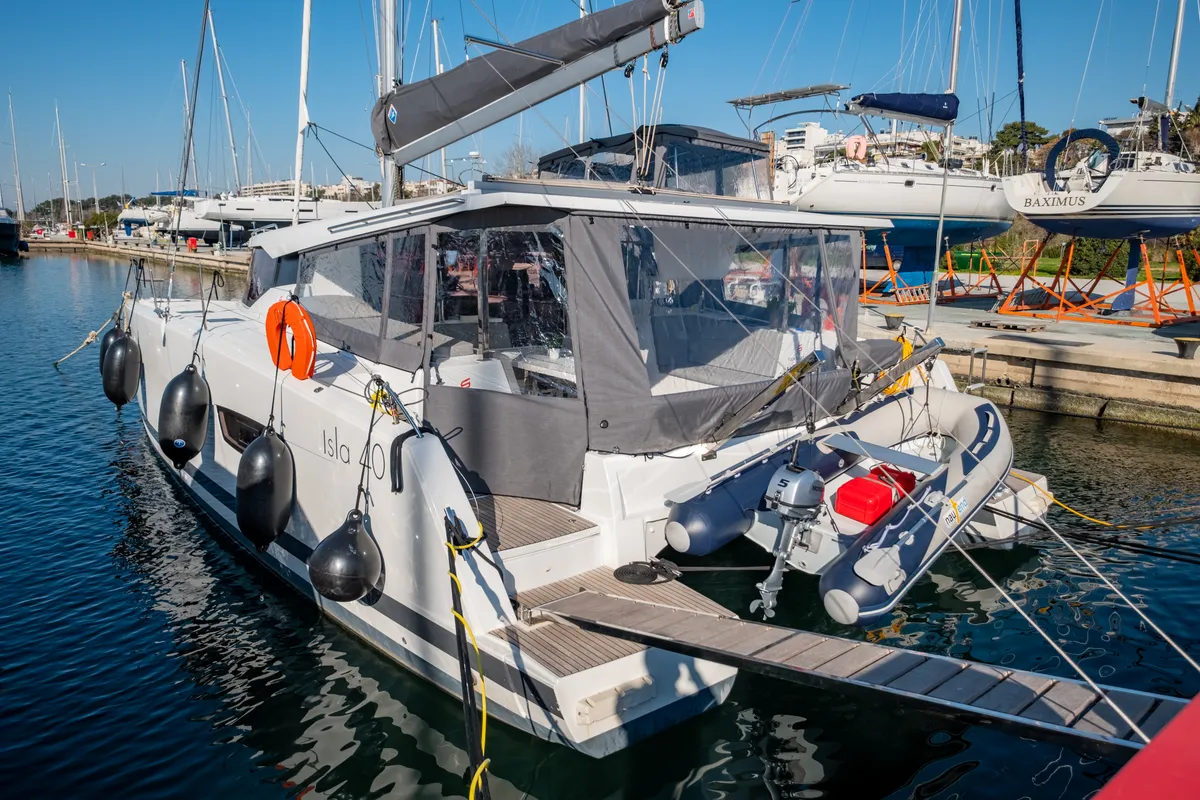Exterior view of Zagara, a Fountaine Pajot Isla 40 catamaran at Municipal Unit of Lefkada, Greece