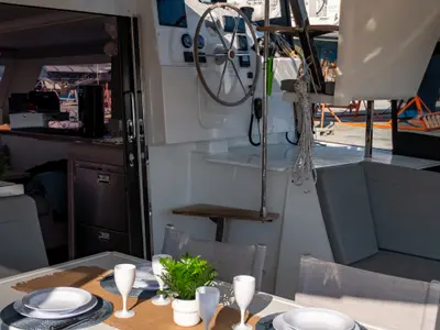 Cockpit of Zagara, a Fountaine Pajot Isla 40 catamaran at Municipal Unit of Lefkada, Greece