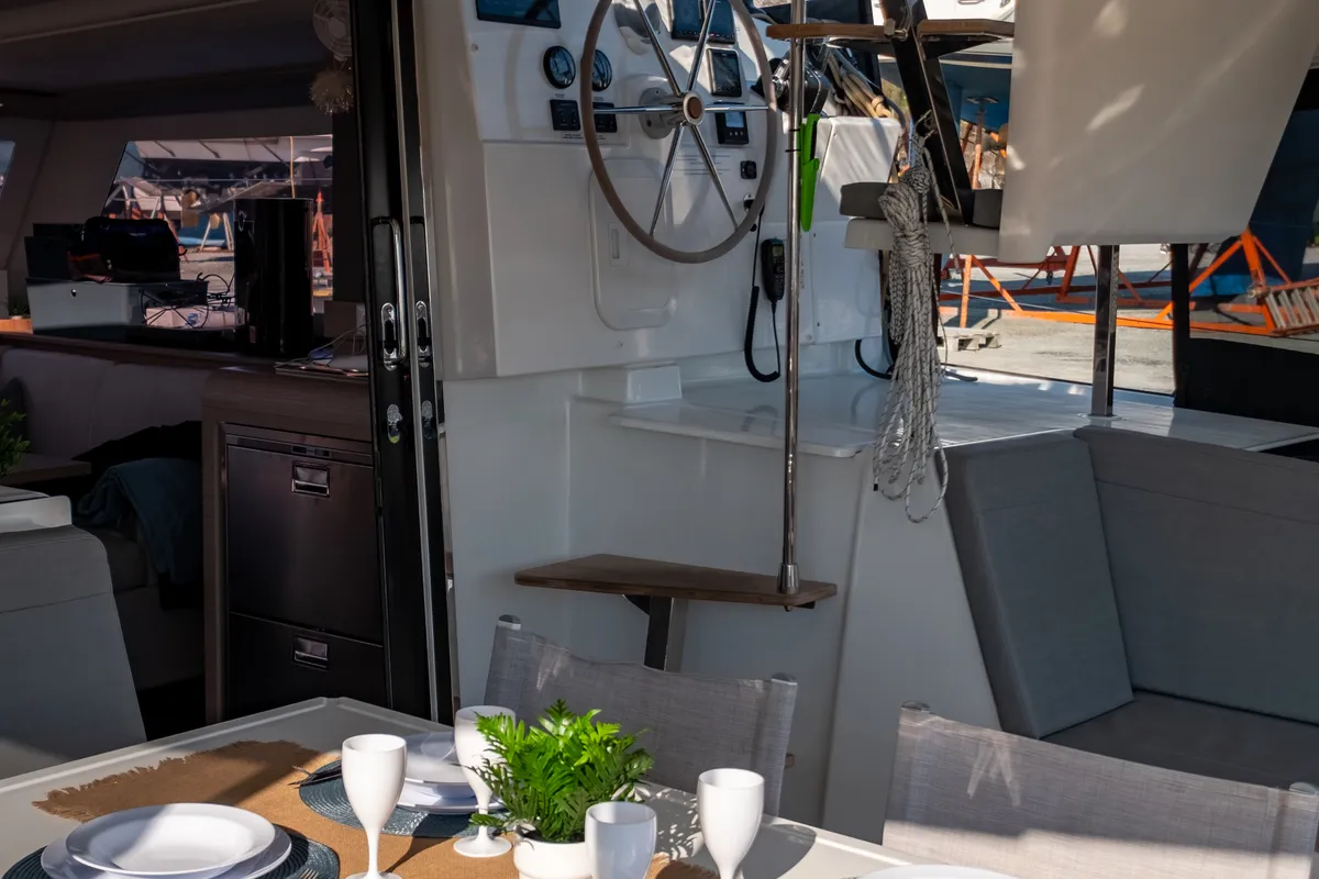 Cockpit of Zagara, a Fountaine Pajot Isla 40 catamaran at Municipal Unit of Lefkada, Greece