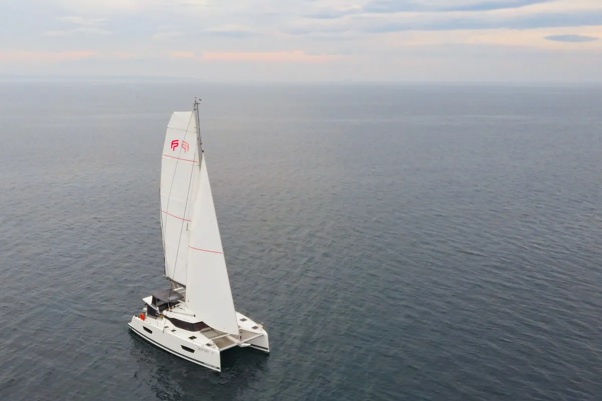 Exterior view of Zagara, a Fountaine Pajot Isla 40 catamaran at Municipal Unit of Lefkada, Greece