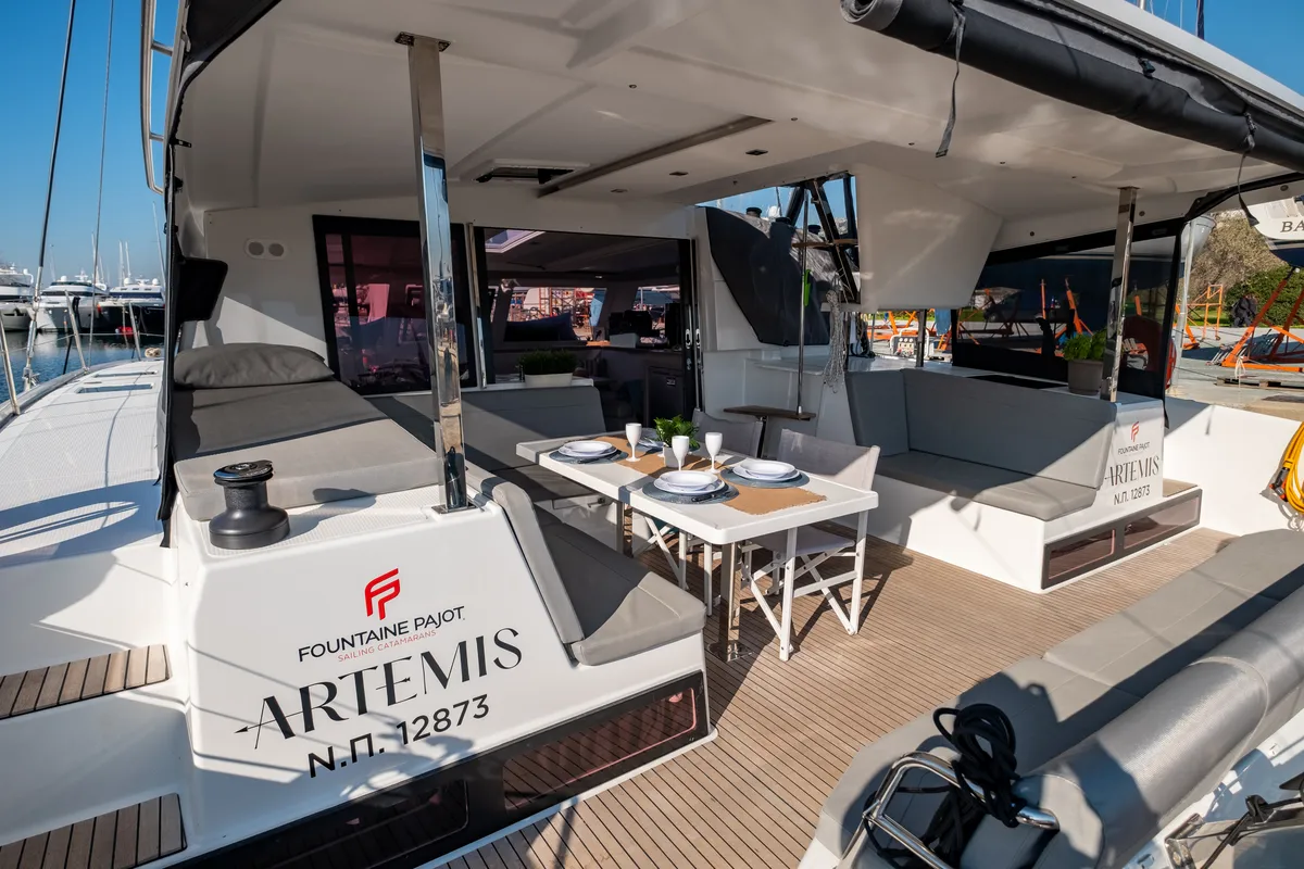 Deck of Zagara, a Fountaine Pajot Isla 40 catamaran at Municipal Unit of Lefkada, Greece