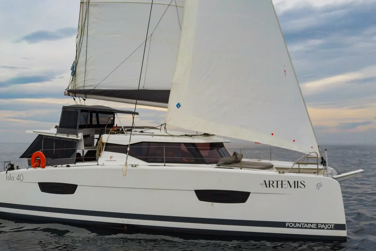Exterior view of Zagara, a Fountaine Pajot Isla 40 catamaran at Municipal Unit of Lefkada, Greece