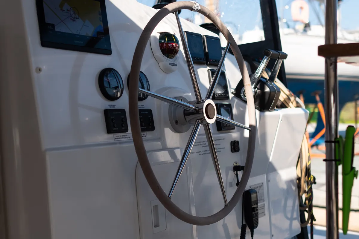 Cockpit of Zagara, a Fountaine Pajot Isla 40 catamaran at Municipal Unit of Lefkada, Greece
