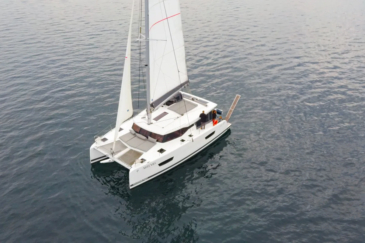 Exterior view of Zagara, a Fountaine Pajot Isla 40 catamaran at Municipal Unit of Lefkada, Greece