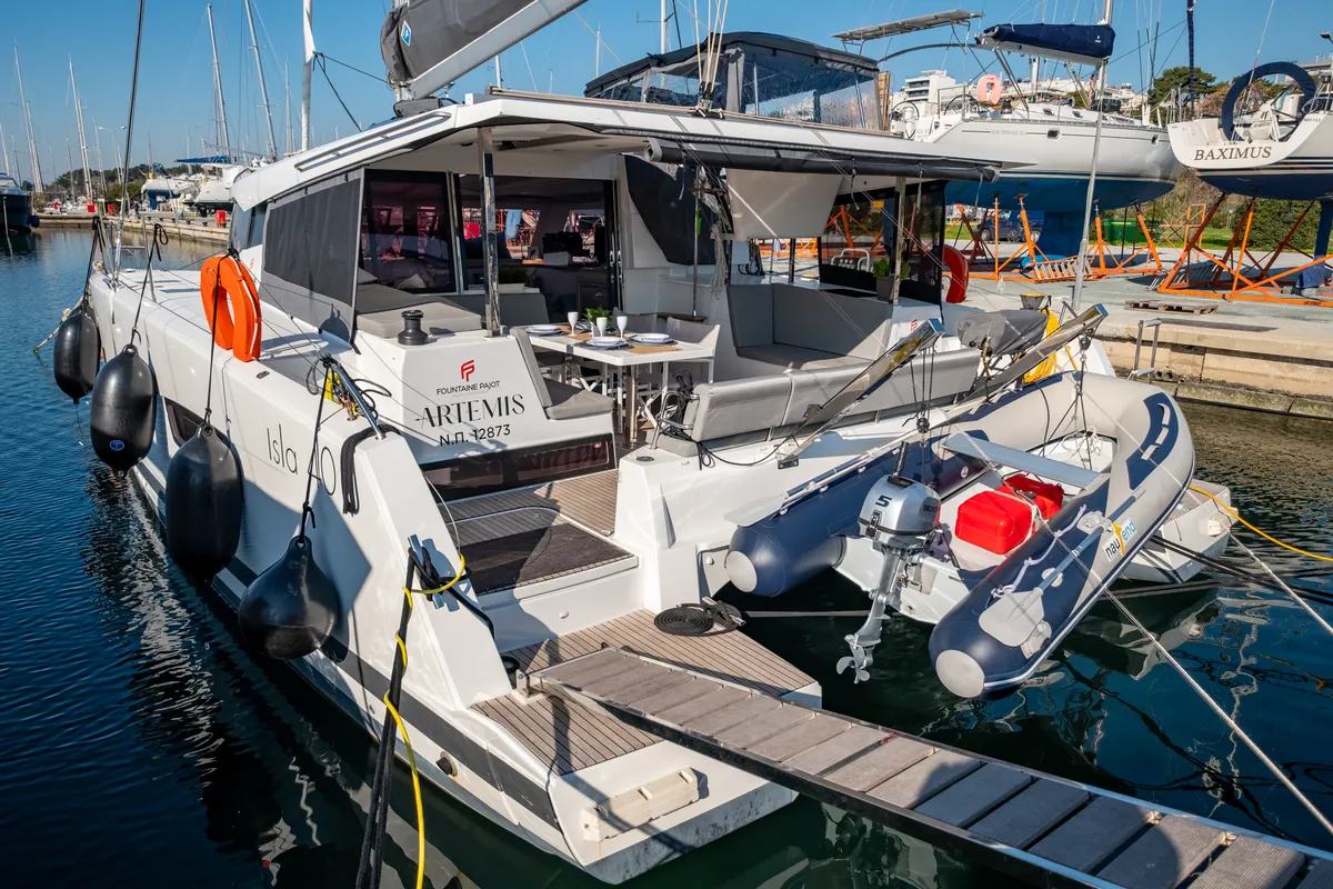 Deck of Zagara, a Fountaine Pajot Isla 40 catamaran at Municipal Unit of Lefkada, Greece