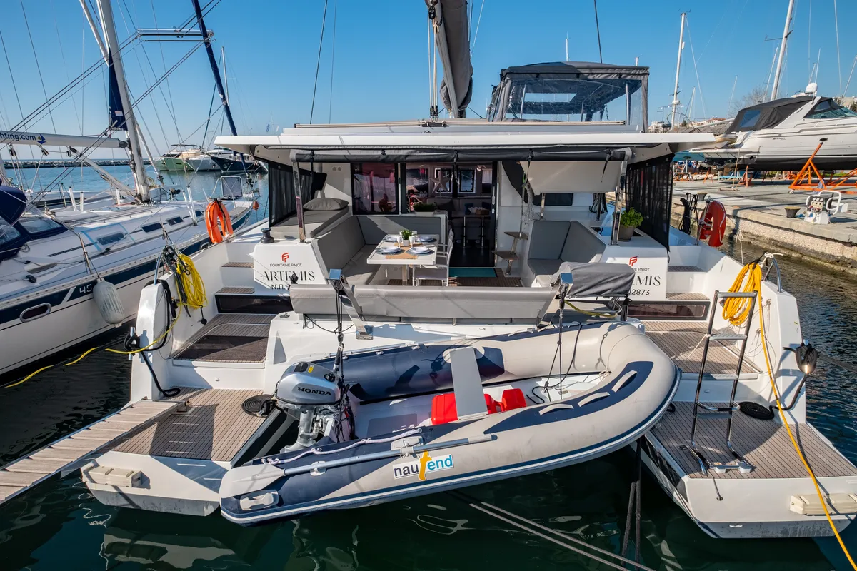 Deck of Zagara, a Fountaine Pajot Isla 40 catamaran at Municipal Unit of Lefkada, Greece
